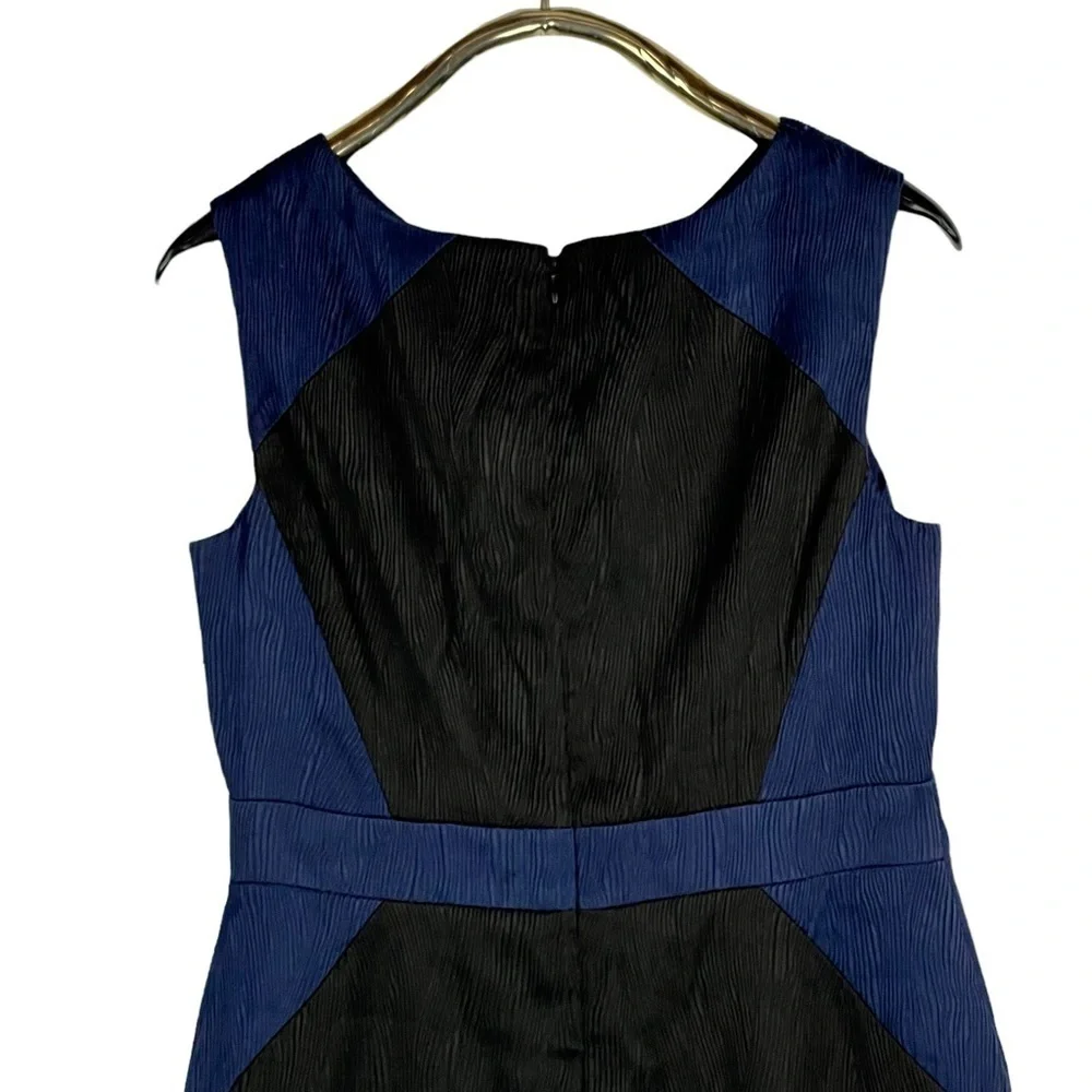 ADRIANNA PAPELL TEXTURED JACQUARD COLORBLOCK SLEEVELESS BLACK BLUE SHEATH DRESS